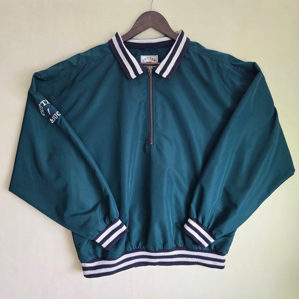Vintage Cutter & Buck Men's L Green Quarter Zip Windbreaker Jacket Clima Guard
